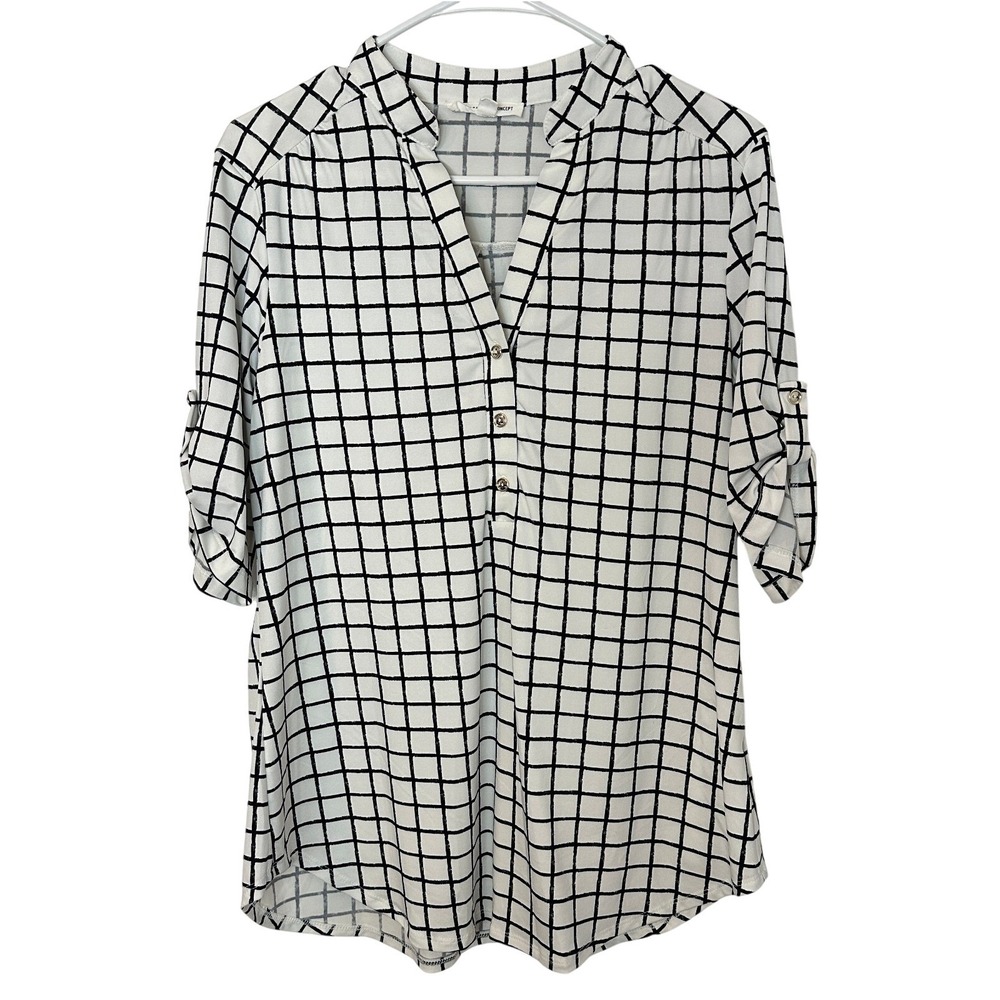 Perseption Concept Womens White Black Windowpane Grid Roll Tab Sleeve Blouse L